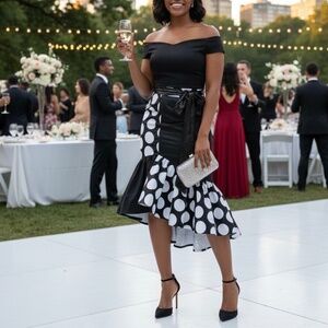 # A133   For Her NYC  Black & White Polka Dot Flamenco  Ruffle Skirt NWT  XL